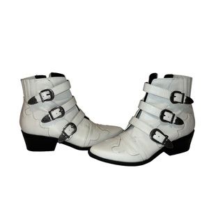 Indigo White Ankle Boots with Buckle Straps